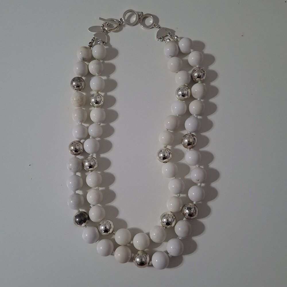 Talbots White Shiny Silver Tone Multi Strand Layered Beaded Statement Necklace